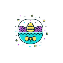 Easter basket filled with eggs - flat color line icon for holiday celebration. Pascha, Ressurection day pictogram, logo, element, emblem in thin colorful linear design.
