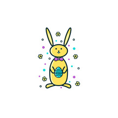 Easter bunny, rabbit or hare with egg symbols in its paws - flat color line icon on isolated background. Cute holiday animal character vector illustration in thin colorful linear design.