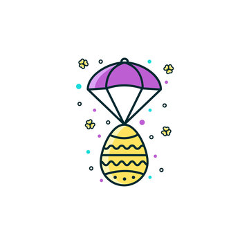 Easter egg and parachute flat color line icon on isolated background. Pascha, Ressurection day decoration, symbol, sign, pictogram, design element.