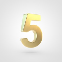 3D rendered golden number 5 isolated on white background.