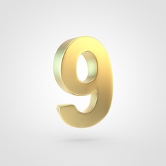 3D rendered golden number 9 isolated on white background.