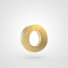 3D rendered golden letter O lowercase isolated on white background.
