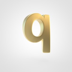 3D rendered golden letter Q lowercase isolated on white background.
