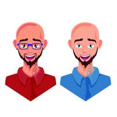 Two bald man with eyeglasses, earrings, tattoo and beard, vector illustration isolated on white background