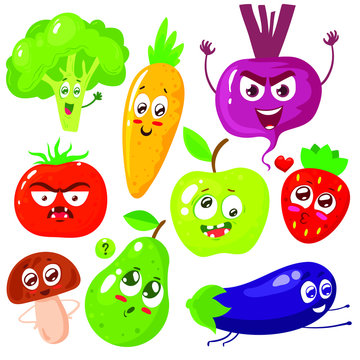 Cartoon vegetable cute characters face isolated on white background vector illustration. Funny vegetable face icon vector collection. Cartoon face food emoji. Vegetable emotion. Funny food concept.