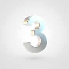 3D rendered silver number 3 isolated on white background.