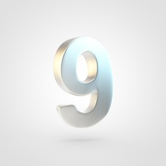 3D rendered silver number 9 isolated on white background.