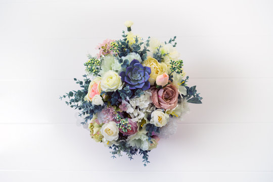 stylish artificial bouquet of flowers. Top view.