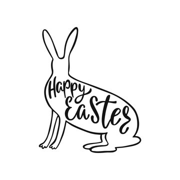 Happy Easter greeting card with silhouette of bunny. Handwritten vector lettering text. Calligraphic phrase. 