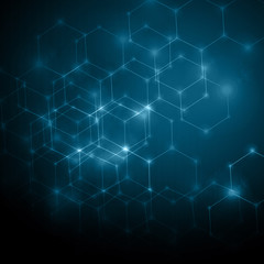 Abstract background with connected lines and dots for your design. Smooth lines, beautifully intertwined, shining dots and flashes on a dark background