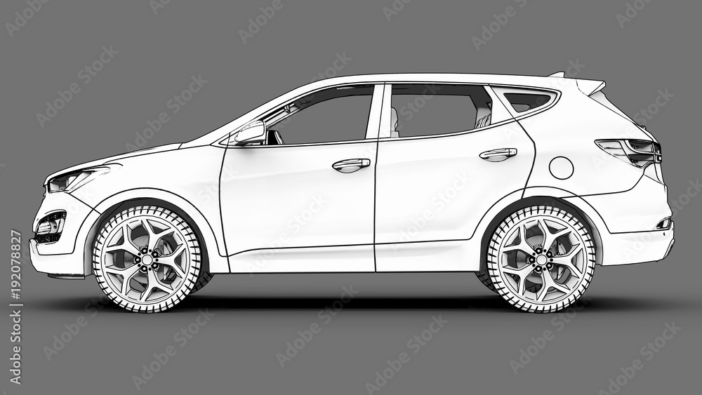 Aufkleber compact city crossover white color on a gray background. monochrome schematic image with shadows on 