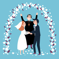 Wedding religious ceremony. Bride and groom become wife and husband. Priest is happy with newlyweds alltogether. Young man and women under wedding arc. Just married couple. Flat vector illustration