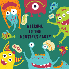 Monster party. Invitation card with cute fluffy alien beasts. Birthday or fun evening gathering. Vector illustration