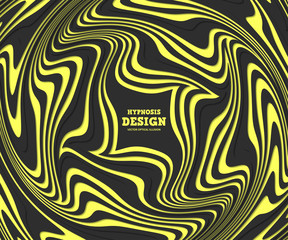 Optical illusion, abstract background. Black-yellow hypnosis twisted spiral design concept for banner design. Vector colorful striped swirl. Hypnotic wavy pattern