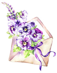 Watercolor illustration. Ancient envelope with a bouquet of pansies and a bow Antique objects. Spring collection in violet shades. ClipArt, DIY, scrapbooking elements.