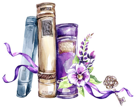 Watercolor illustration. A pile of old books with a bow, pansies, leaves and key. Antique objects. Spring collection in violet shades. ClipArt, DIY, scrapbooking elements.