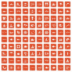 100 sea icons set grunge orange