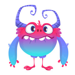 Cute cartoon monster. Vector  furry blue monster character with tiny legs and big horns. Halloween design
