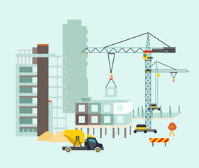 Building work process with houses and construction machines. Vector illustration