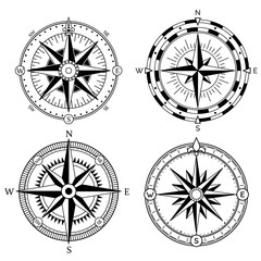 Wind rose retro design vector collection. Vintage nautical or marine wind rose and compass icons set, for travel, navigation design