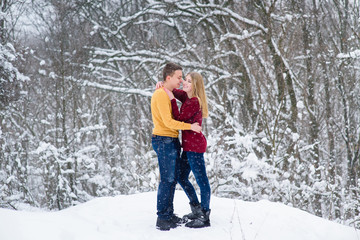 Fototapeta na wymiar Young couple in winter forest