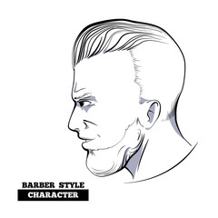 Slicked back hairstyle character model,hand drawn style sketch.Profile view of hipster bearded man head person,slickback haircut.Concept for modern fashion barber shop,salon,magazine,sign,emblem