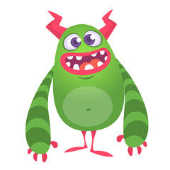 Happy cool cartoon fat monster. Green and horned vector monster character