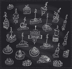 Chalk graphic doodle illustration with canapes and sandwiches