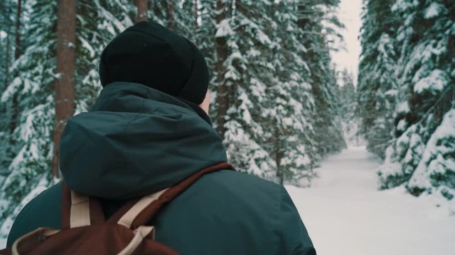 Traveler hiker in warm clothes and backpack walking on snow covered trail in pine woods on cold cloudy winter day, slow motion