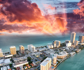 Helicopter view of Miami Beach at dusk, Florida - USA