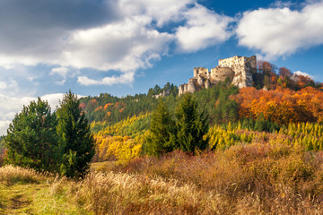 Autumn landscape with ruin of medieval castle Lietava near Zilina town, Slovakia, Europe.