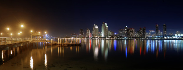 San Diego, California skyline and the Coronado Island Pier at night.