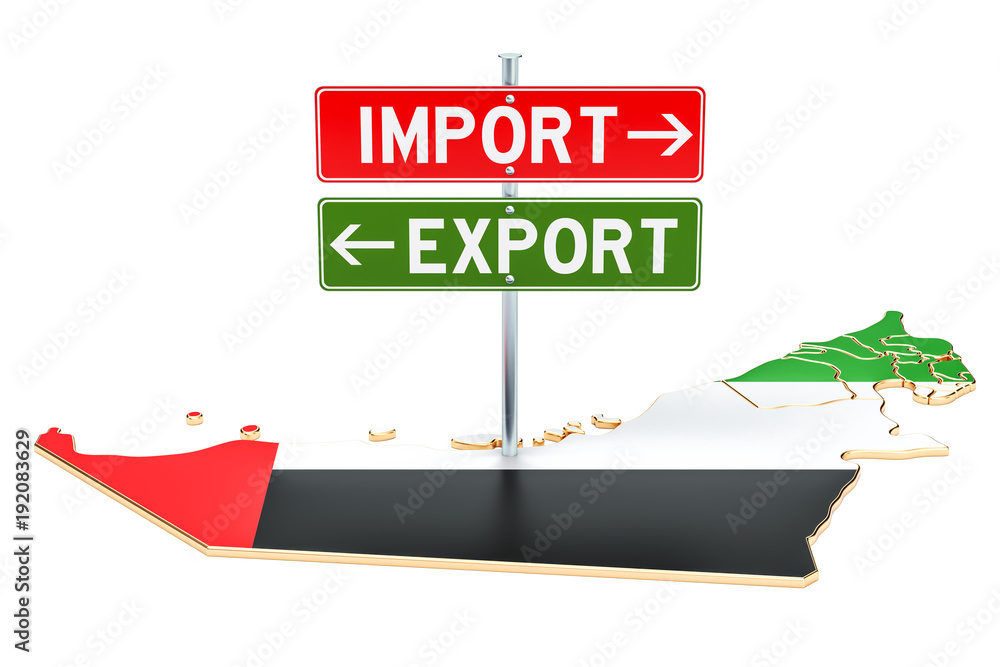 Poster import and export in uae concept, 3d rendering