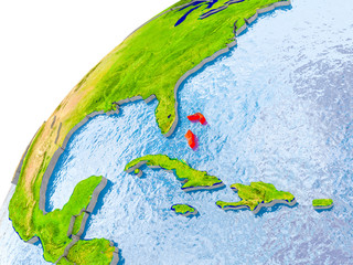 Map of Bahamas in red on globe