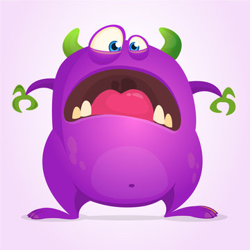 Scared funny cartoon monster. Halloween vector illustration of purple monster character. Design for print, sticker or party decoration