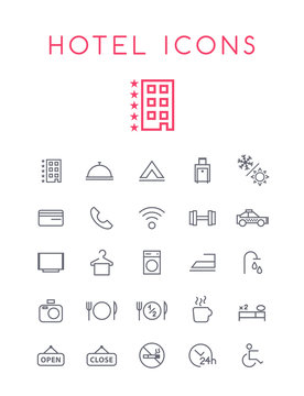 Set of Quality Universal Standard Minimal Simple Hotel Black Thin Line Icons on White Background