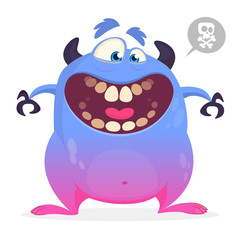 Funny cartoon monster smiling with big mouth. Vector illustration of blue monster character for Halloween