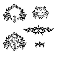 Set of vintage pattern elements, tattoos, monograms, coats of arms, abstract wolf, dog, lion. Vector illustration.