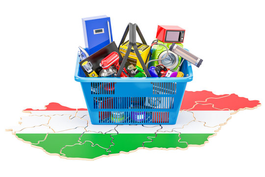 Map of Hungary with shopping basket full of home and kitchen appliances, 3D rendering