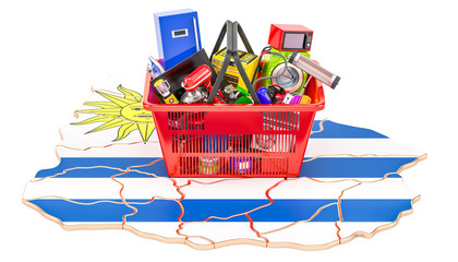 Map of Uruguay with shopping basket full of home and kitchen appliances, 3D rendering