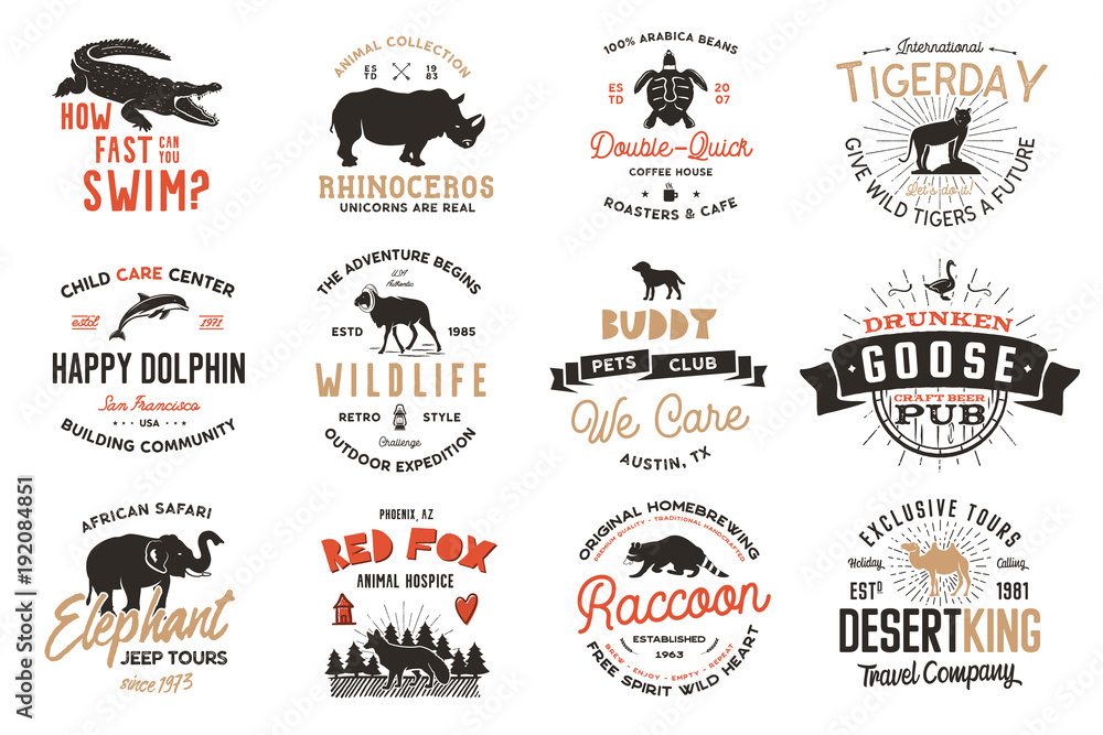 Wall mural Wild animal Badges set and great outdoors activity insignias. Retro illustration of animal badges. Typographic camping style. Vector wild Animal logos with letterpress effect. Explorer quotes