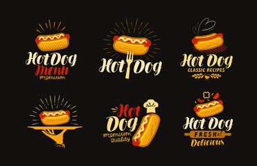 HOT DOG, food logo or label. Elements for design of restaurant menu or eatery. Typography vector illustration