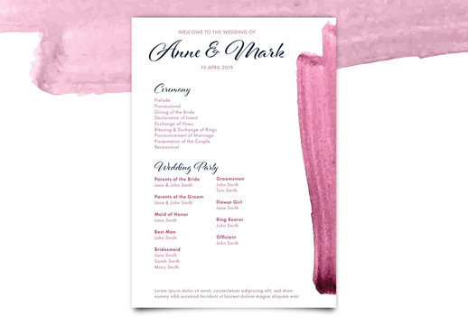 Wedding Program with Pink Watercolor Brush Strokes
