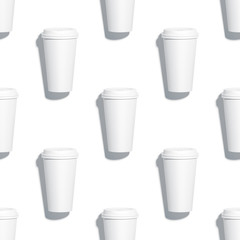 Blank isolated coffee cup mockups seamless pattern, 3d rendering. Loopable texture of disposable plastic mugs mock ups, top view. Clear takeaway containers tileable background template.
