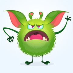 Angry cartoon green hairy monster. Big collection of cute monsters for Halloween. Vector illustration isolated on white background