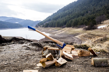 Axe stuck in a beech stub with wood blocks as background. On the mountain