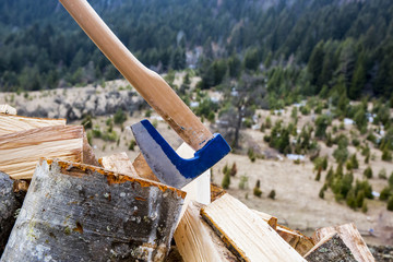 Axe stuck in a beech stub with wood blocks as background. On the mountain