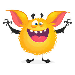 Cute happy orange monster laughing excited. Vector illustration of furry round troll