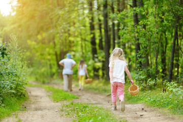 Two cute little sisters hiking in a forest with their grandmother on beautiful summer day.