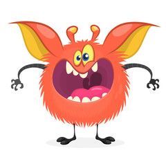 Angry cartoon fat monster. Vector illustration of red monster character with large mouth. Halloween design